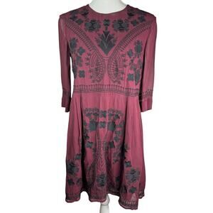 French Connection Vintage Embroidered Dress Burgundy Black Fit and Flare 6